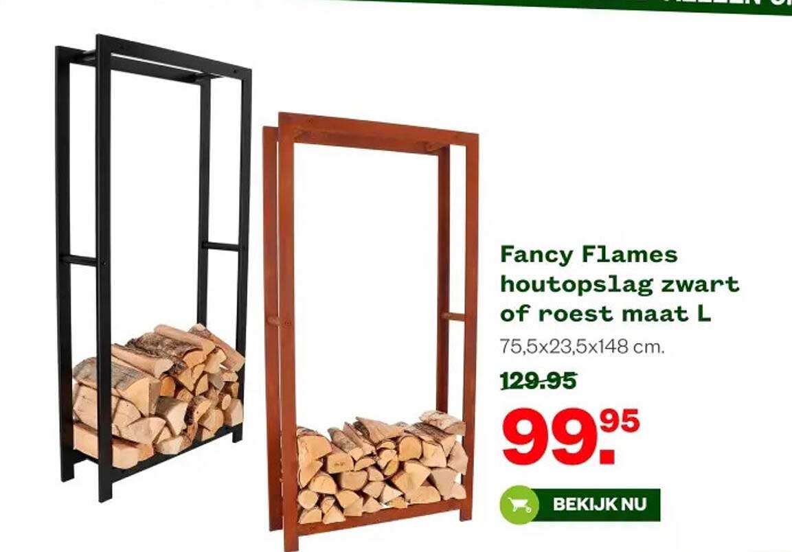 Fancy Flames houthouder zwart of roest maat L