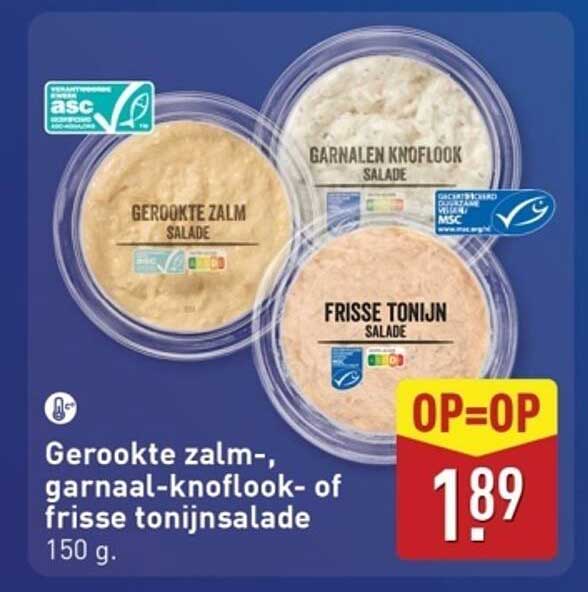 Gerookte zalm-, garnalen-knoflook- of frisse tonijnsalade