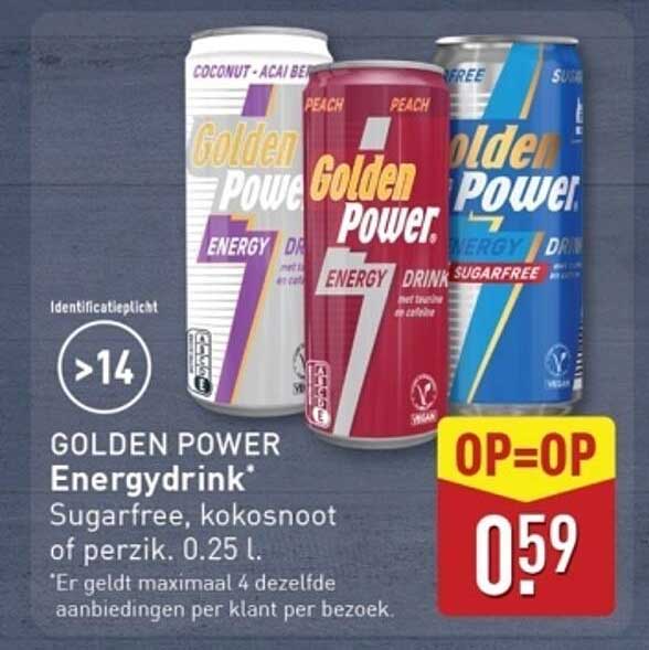 GOLDEN POWER Energydrink* Sugarfree, kokosnoot of perzik. 0.25 l.