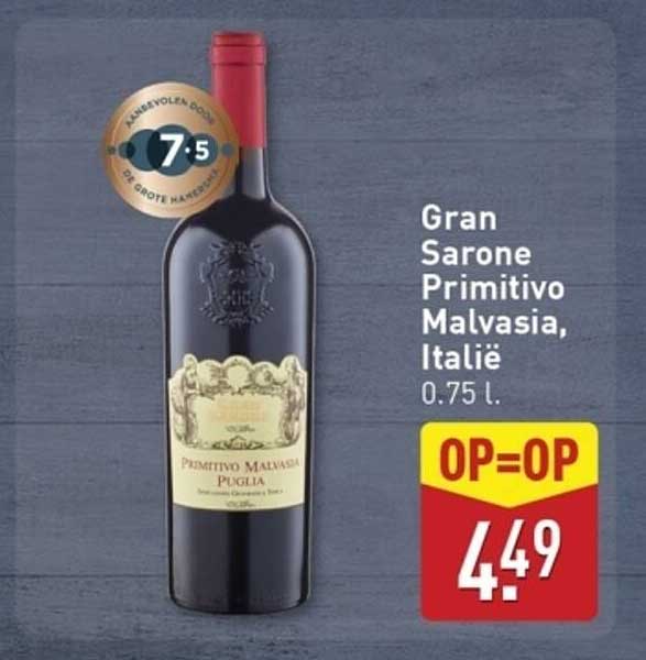 Gran Sarone Primitivo Malvasia, Italië 0.75 l.