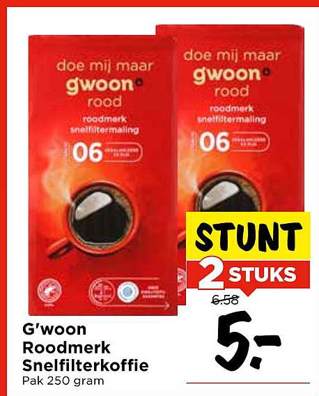 G'woon Roodmerk Snelfilterkoffie Pak 250 gram