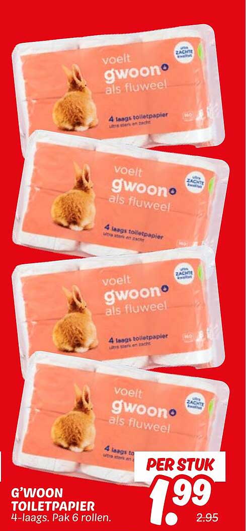 G’woon Toiletpapier 4-laags. Pak 6 rollen.