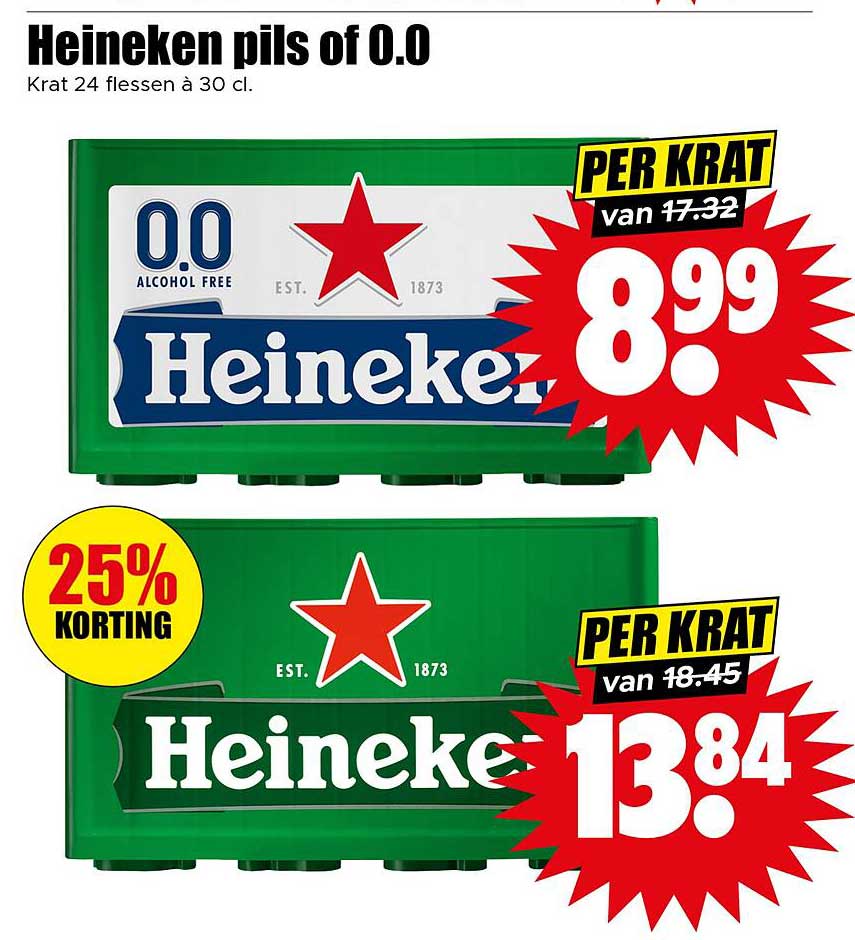 Heineken pils of 0.0 Krat 24 flessen à 30 cl.
