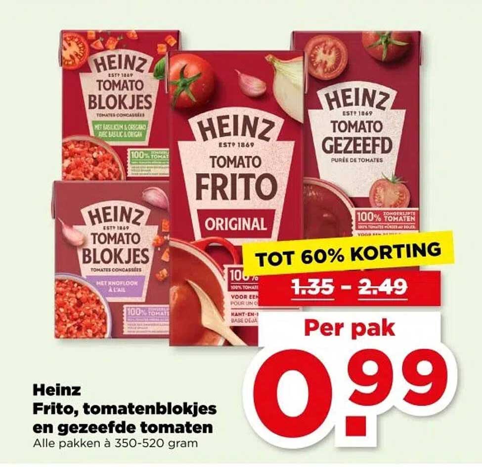 Heinz Frito, tomatenblokjes en gezeefde tomaten