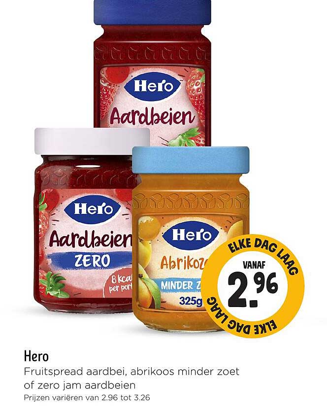 Hero Fruitspread aardbei, abrikoos minder zoet of zero jam aardbeien