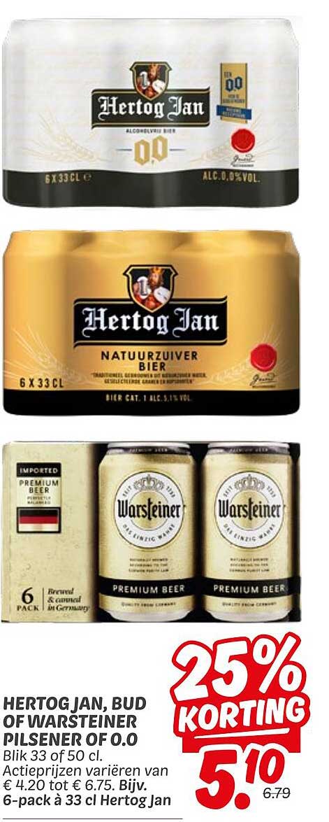 HERTOG JAN, BUD OF WARSTEINER PILSENER OF O.O BLIK 33 OF 50 CL.