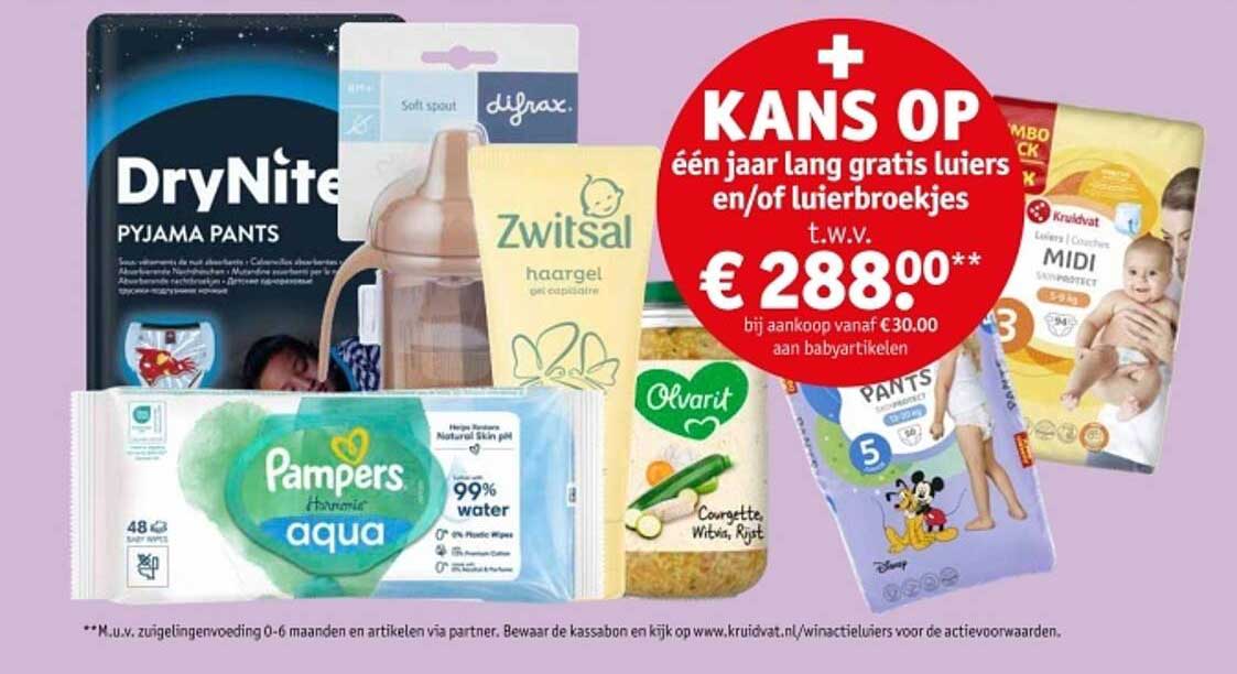 KANS OP één jaar lang gratis luiers en/of luierbroekjes t.w.v. € 288,00** bij aankoop vanaf € 30,00 aan babyartikelen