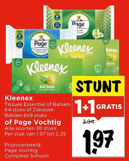 Kleenex Tissues Essential of Balsam 64 stuks of Zakdoek Balsam 8x9 stuks of Page Vochtig Alle soorten 38 stuks