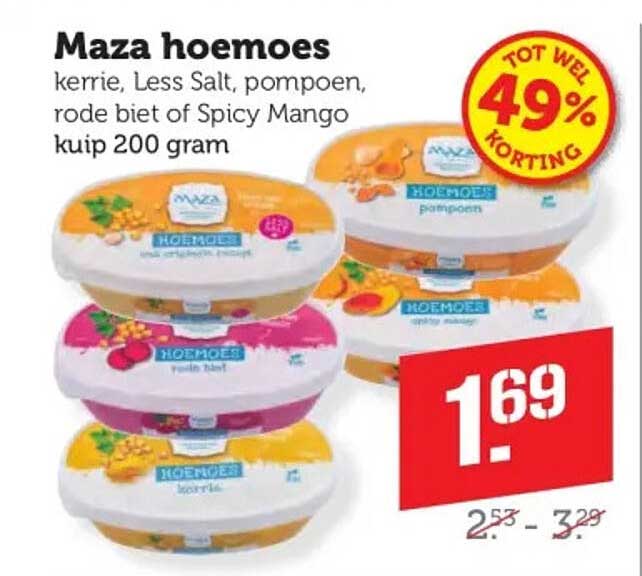 Maza hoemoes kerrie, Less Salt, pompoen, rode biet of Spicy Mango kuip 200 gram