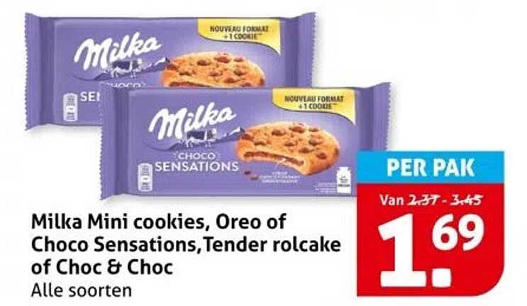 Milka Mini cookies, Oreo of Choco Sensations, Tender rolcake of Choc & Choc