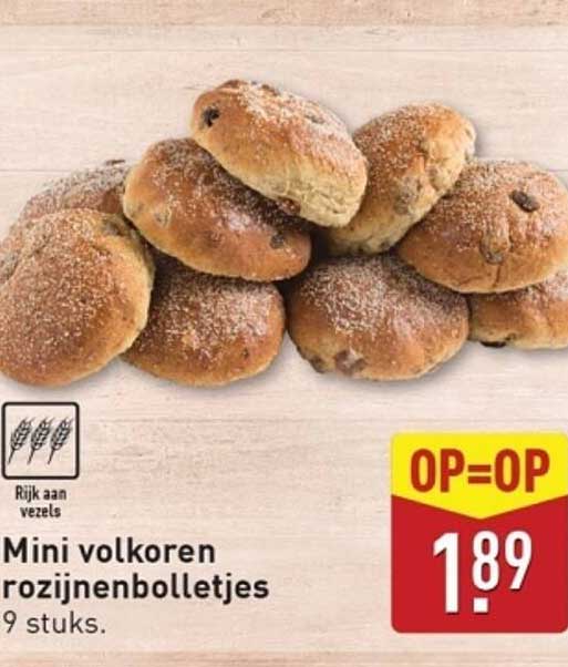 Mini volkoren rozijnenbolletjes 9 stuks.