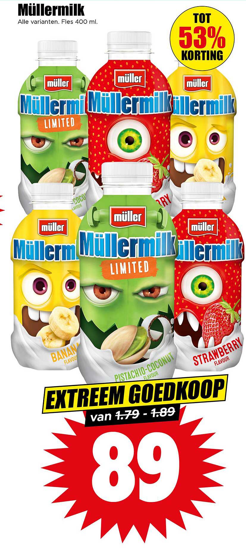 Müllermilk Alle varianten. Fles 400 ml.