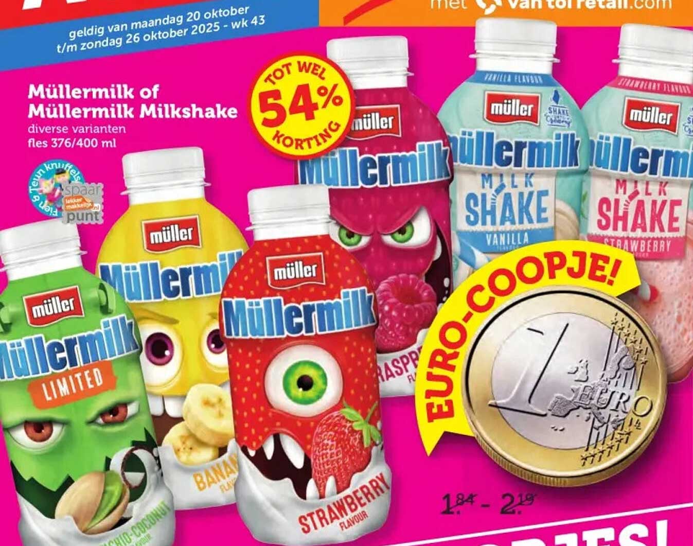 Müllermilk of Müllermilk Milkshake diverse varianten fles 376/400 ml
