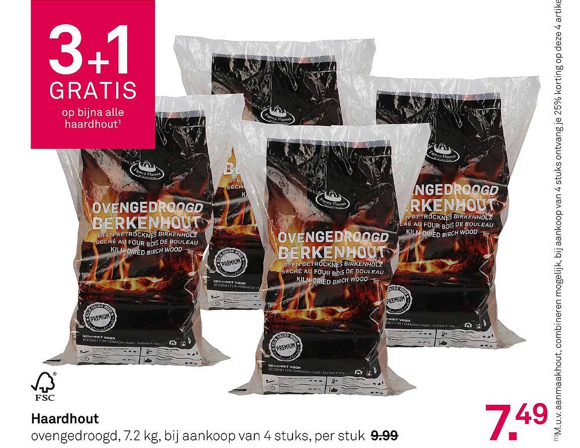 Oven gedroogd Berkenhout 7,2 kg, bij aankoop van 4 stuks, per stuk