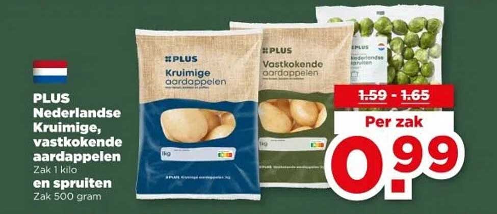PLUS Nederlandse Kruimige, vastkokende aardappelen Zak 1 kilo en spruiten Zak 500 gram