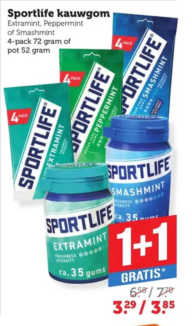 Sportlife kauwgom Extraitmint, Peppermint of Smashmint 4-pack 72 gram of pot 52 gram