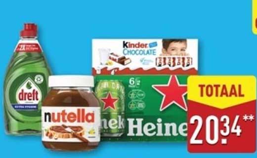 Totaal aanbieding van Dreft, Nutella, Heineken en Kinder Chocolade
