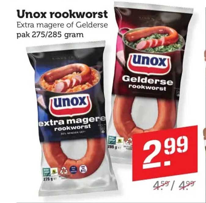 Unox rookworst Extra magere of Gelderse pak 275/285 gram