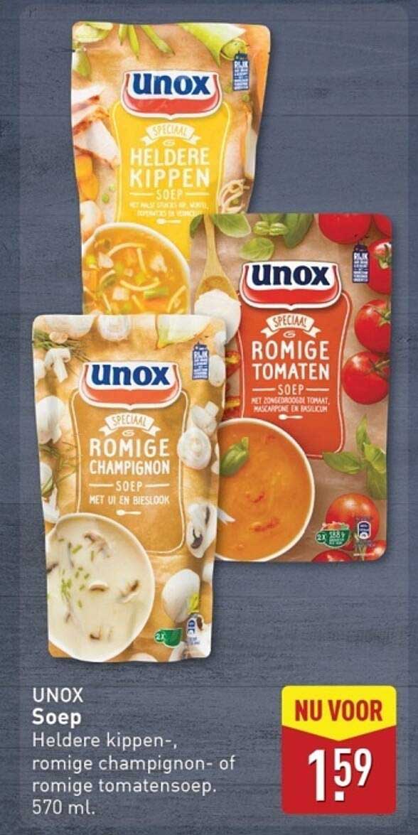 UNOX Soep Heldere kippen-, romige champignon- of romige tomatensoep. 570 ml.