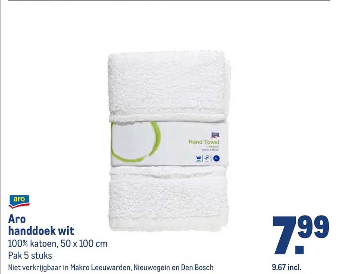 Aro handdoek wit 100% katoen, 50 x 100 cm Pak 5 stuks