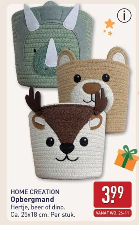 HOME CREATION Opbergmand Hertje, beer of dino. Ca. 25x18 cm. Per stuk.