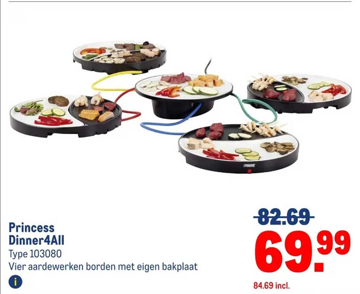 Princess Dinner4All Type 103080 Vier aardewerk borden met eigen bakplaat