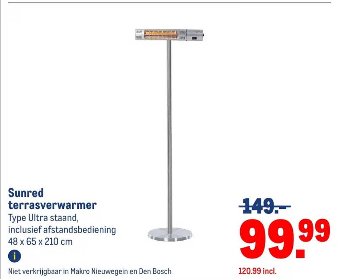 Sunred terrasverwarmer Type Ultra staand, inclusief afstandsbediening 48 x 65 x 210 cm