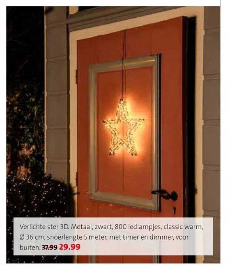 Verlichte ster 3D. Metaal, zwart, 800 ledlampjes, classic warm, Ø 36 cm, snoerlengte 5 meter, met timer en dimmer, voor buiten.