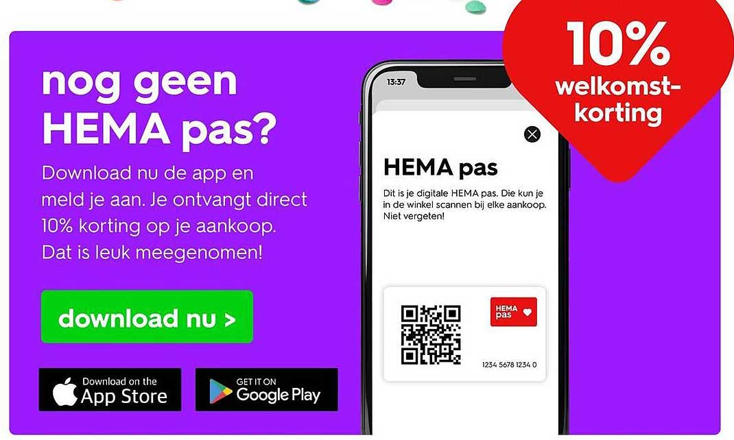 10% welkomstadkorting met de HEMA pas