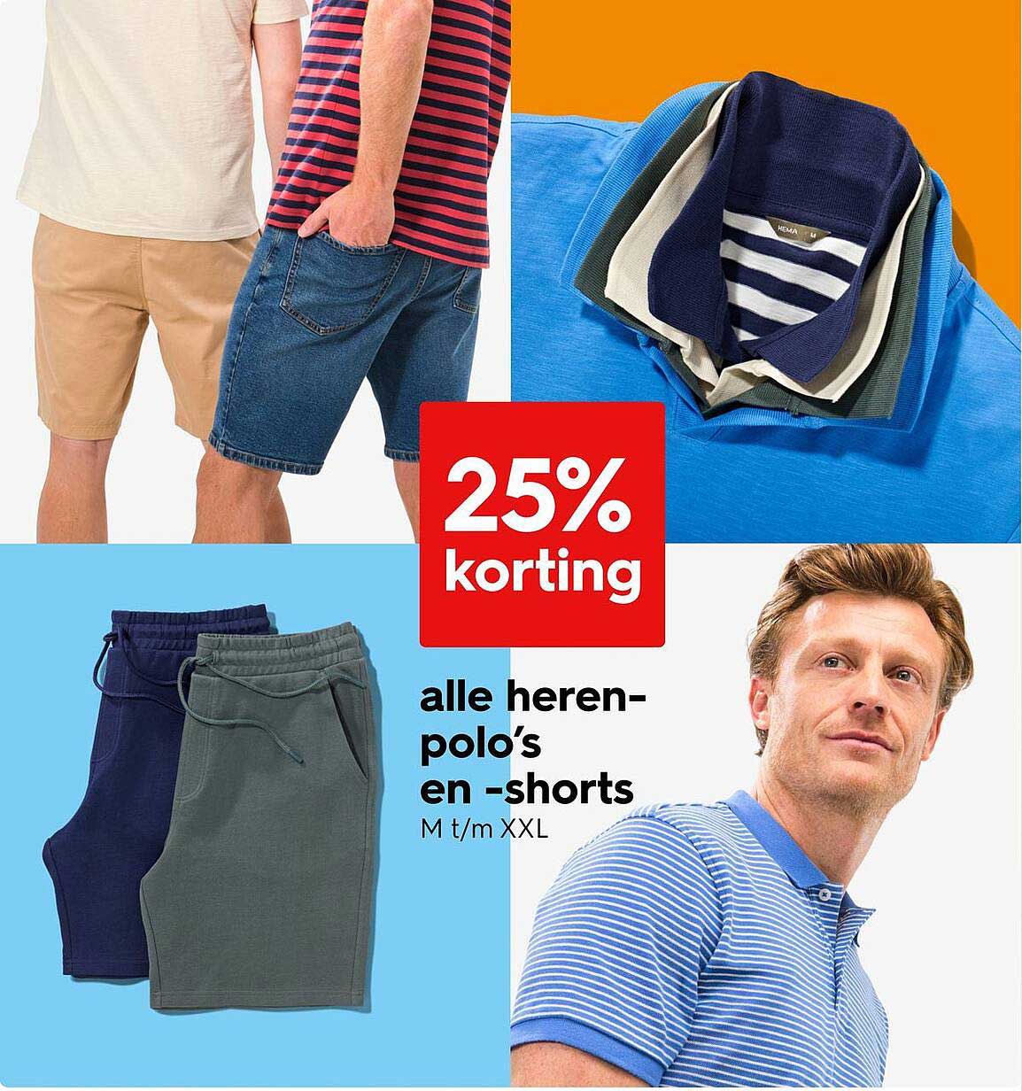 25% korting op alle heren-polo’s en -shorts M t/m XXL