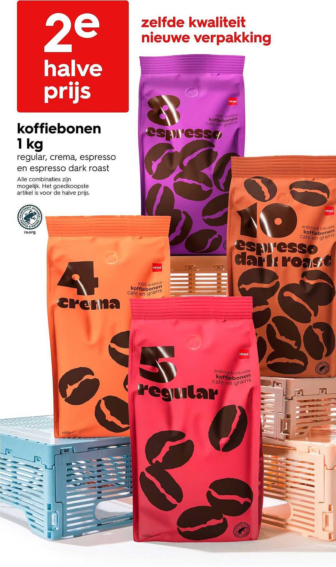 2e halve prijs koffiebonen 1 kg regular, crema, espresso en espresso dark roast