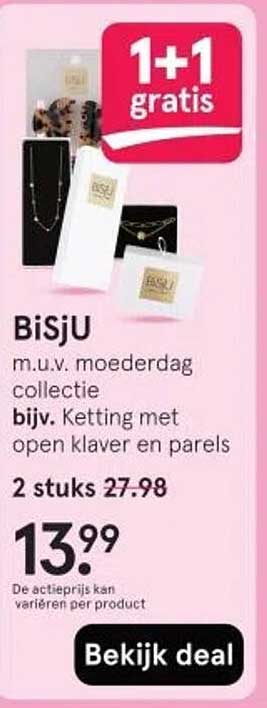 BiSjU 1+1 gratis m.u.v. moederdag collectie bijv. Ketting met open klaver en parels
