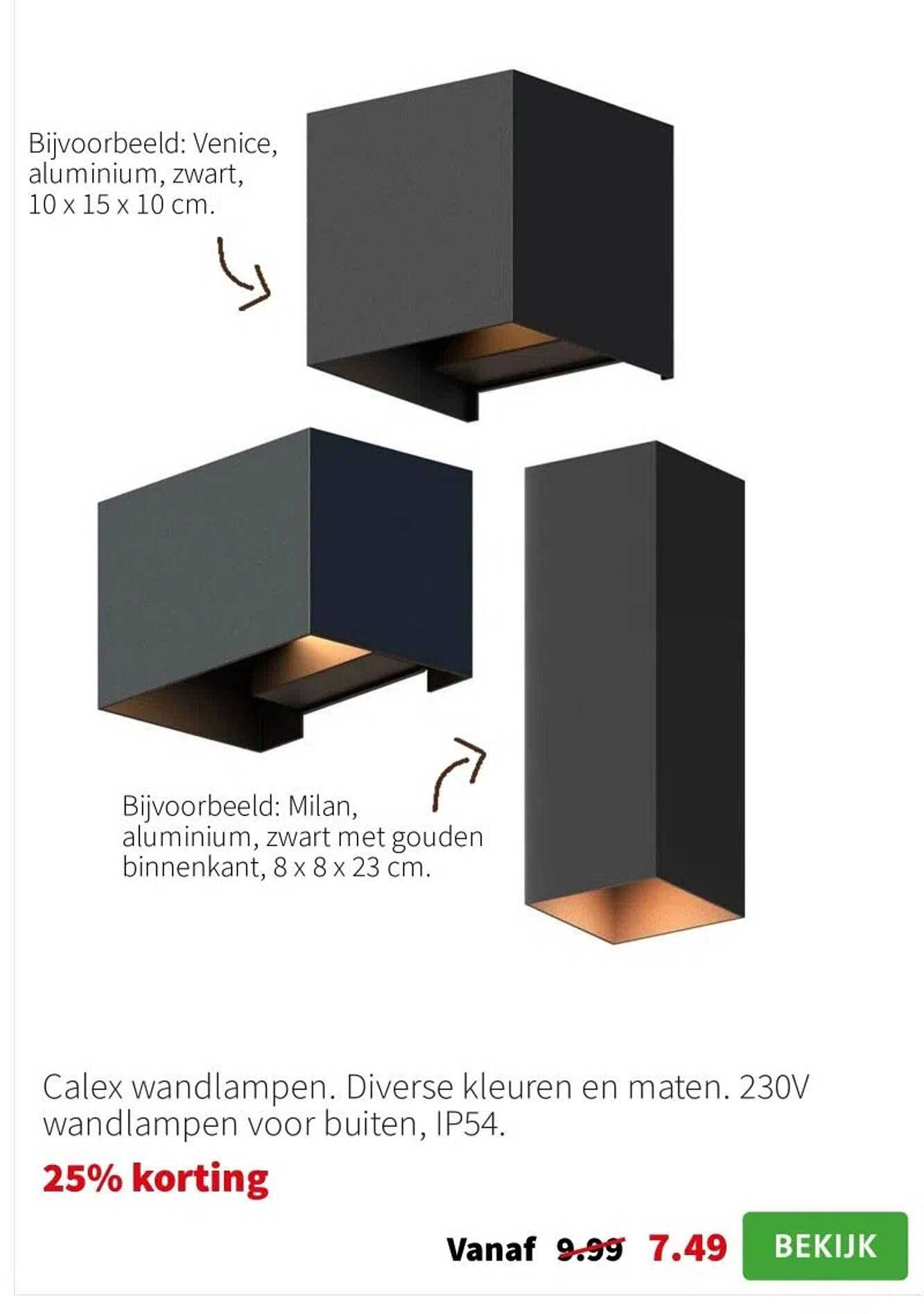 Calex wandlampen. Diverse kleuren en maten. 230V wandlampen voor buiten, IP54.