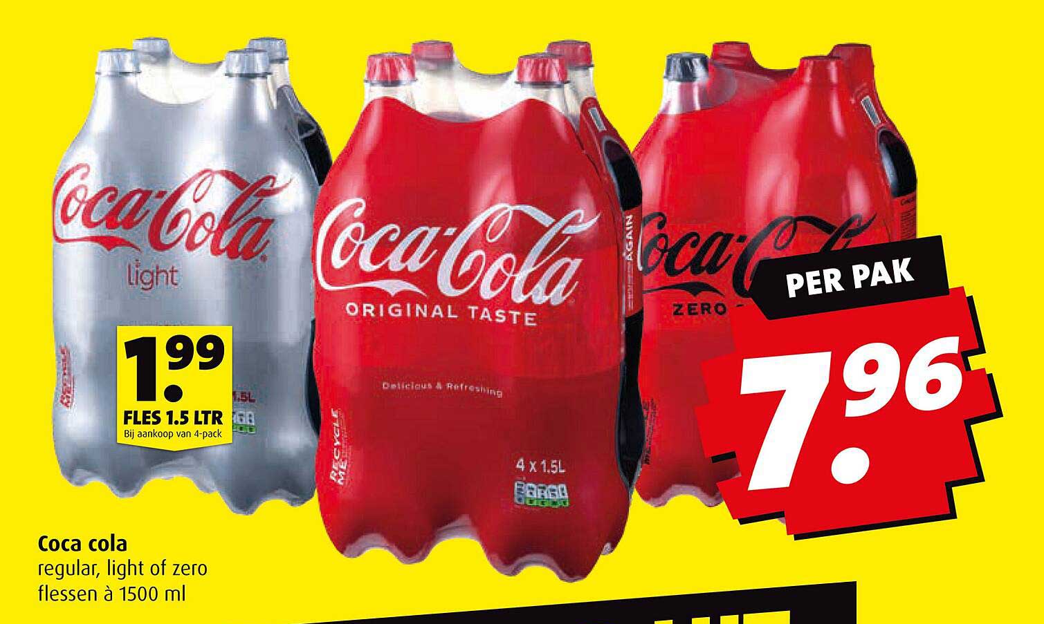 Coca cola regular, light of zero flessen à 1500 ml