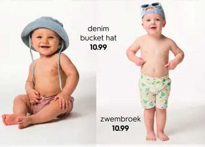 denim bucket hat en zwembroek