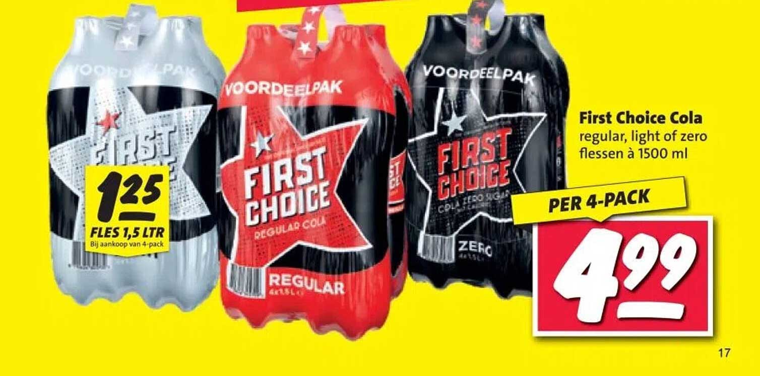 First Choice Cola regular, light of zero flessen à 1500 ml