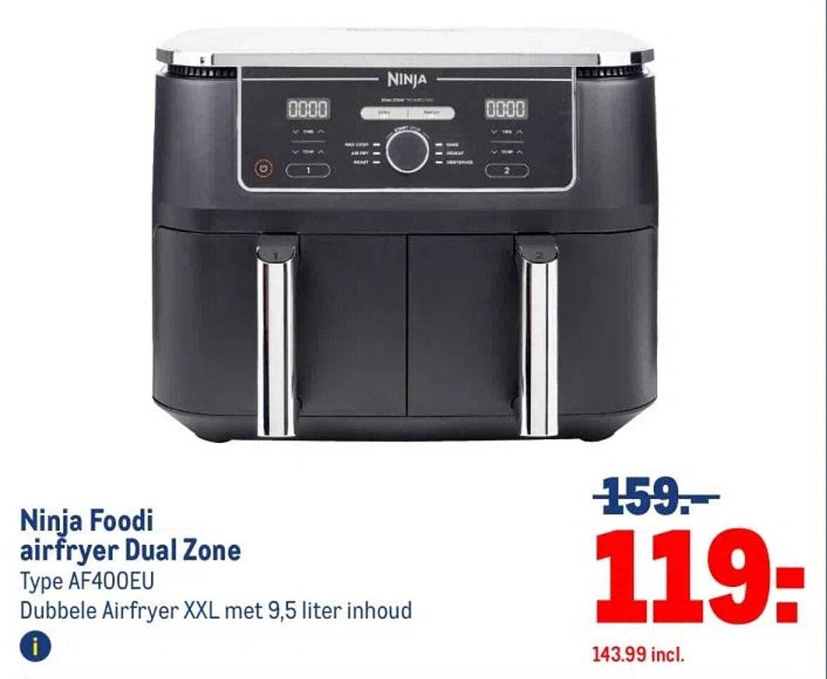Ninja Foodi airfryer Dual Zone Type AF400EU Dubbele Airfryer XXL met 9,5 liter inhoud