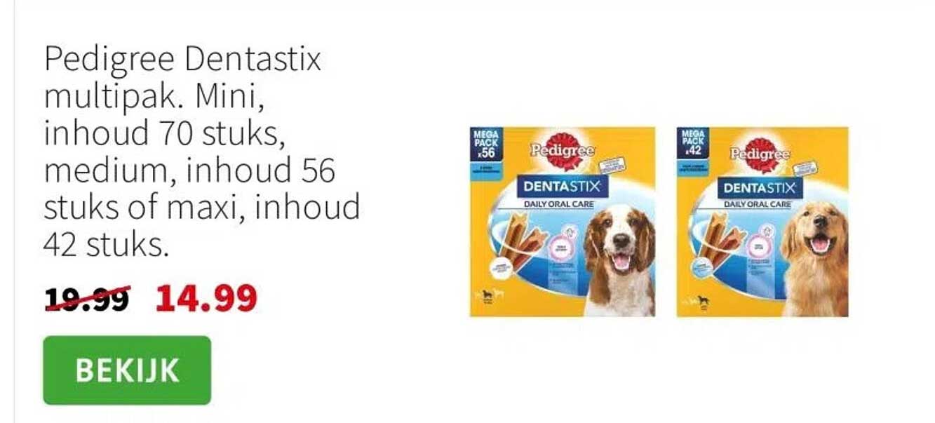 Pedigree Dentastix multipak. Mini, inhoud 70 stuks, medium, inhoud 56 stuks of maxi, inhoud 42 stuks.