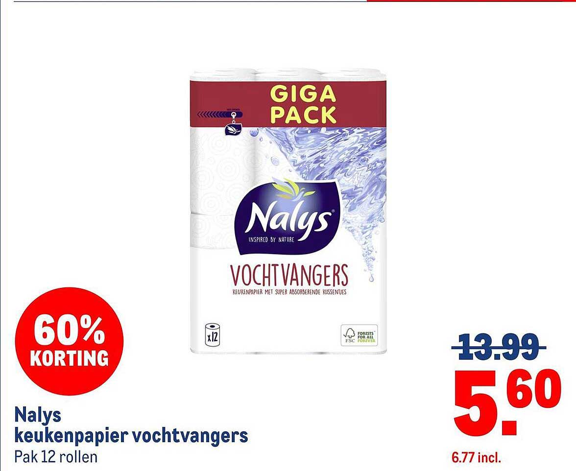 Nalys keukenpapier vochtvangers Pak 12 rollen