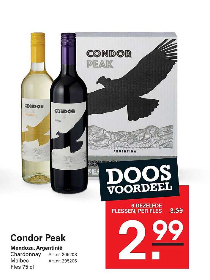 Condor Peak Mendoza, Argentinië Chardonnay Malbec Fles 75 cl DOOSVOORDEEL 6 DEZELFDE FLESSEN, PER FLES