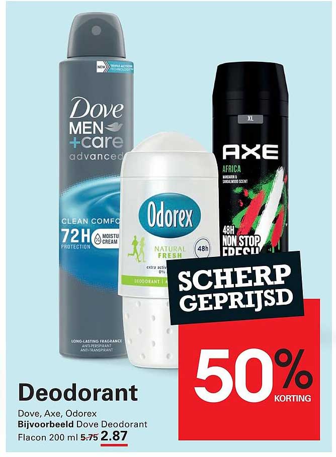 Deodorant Dove, Axe, Odorex 50% korting