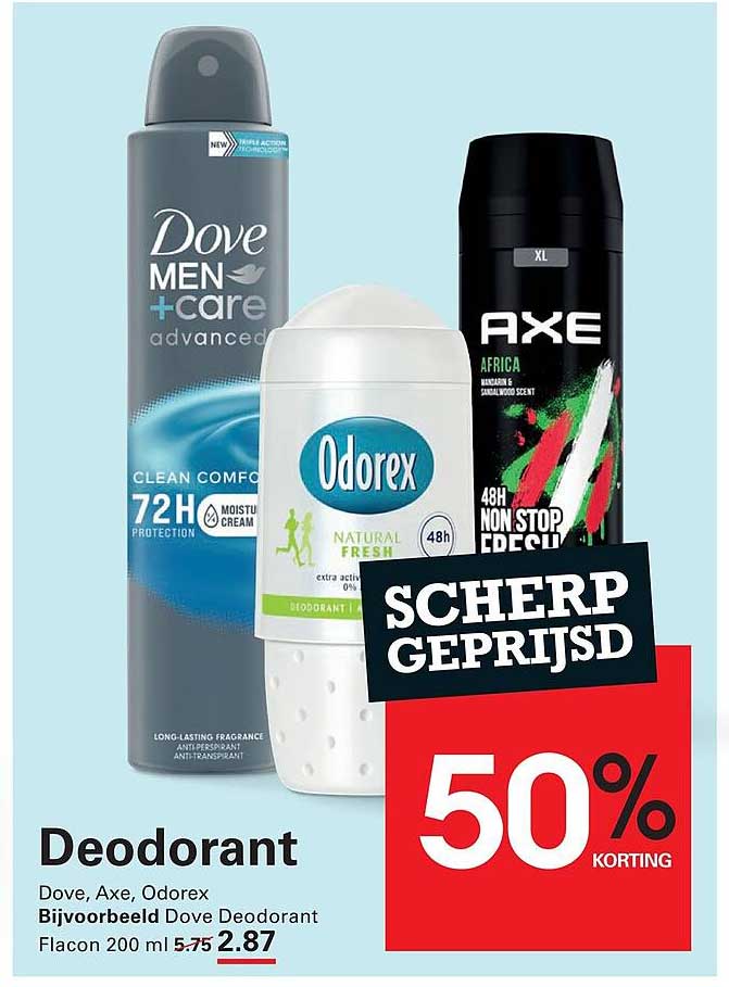 Deodorant - Dove, Axe, Odorex 50% KORTING