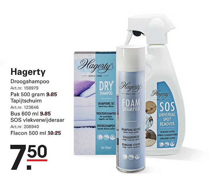 Hagerty Droogshampoo, Tapijtschuim, SOS vlekverwijderaar