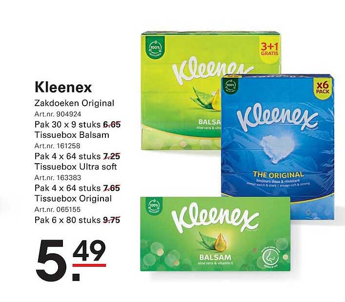 Kleenex Zakdoeken Original, Tissuebox Balsam, Tissuebox Ultra soft, Tissuebox Original 3+1 GRATIS