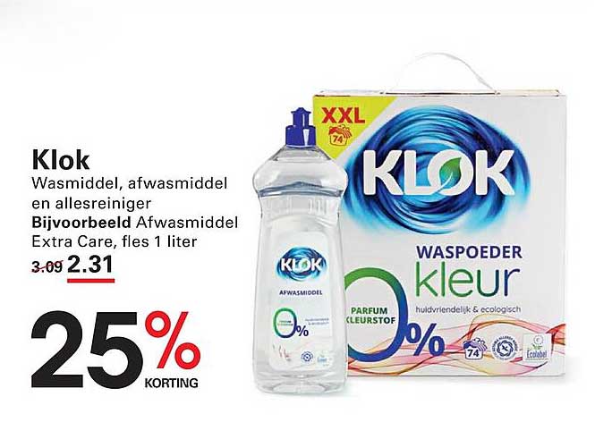 Klok Bijvoorbeeld Afwasmiddel Extra Care, fles 1 liter 25% KORTING