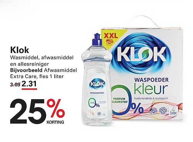 Klok Wasmiddel, afwasmiddel en allesreiniger Bijvoorbeeld Afwasmiddel Extra Care, fles 1 liter 25% korting