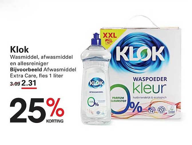 Klok Wasmiddel, afwasmiddel en allesreiniger Bijvoorbeeld Afwasmiddel Extra Care, fles 1 liter 25% korting