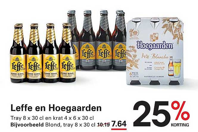 Leffe en Hoegaarden Tray 8 x 30 cl en krat 4 x 6 x 30 cl 25% korting