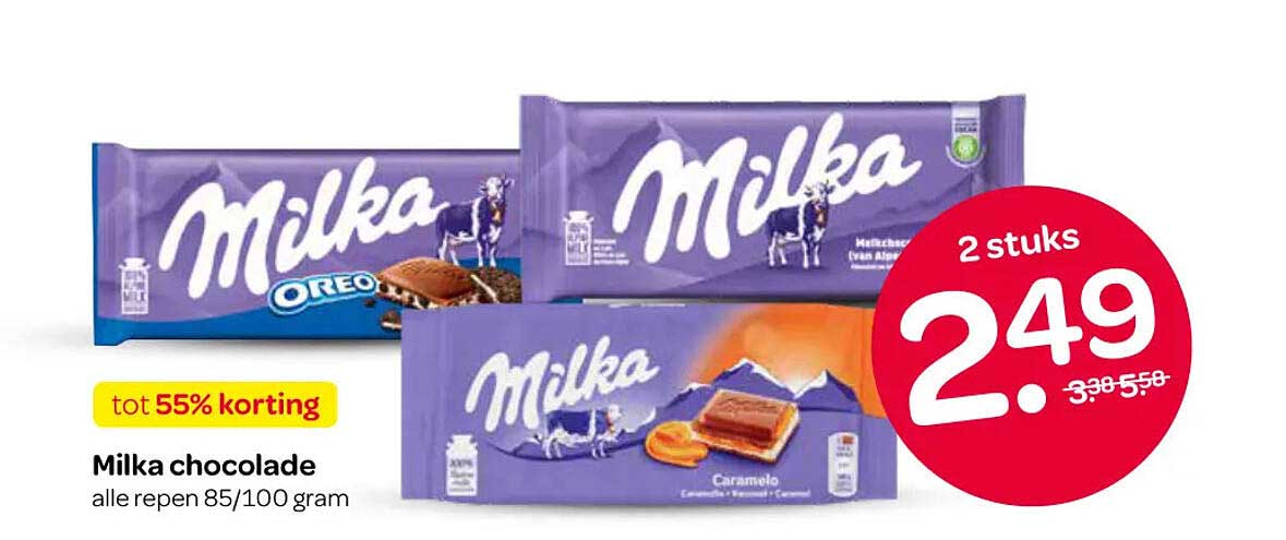 Milka chocolade alle repen 85/100 gram tot 55% korting