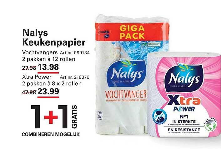 Nalys Keukenpapier Vochtvangers 2 pakken à 12 rollen 1+1 GRATIS